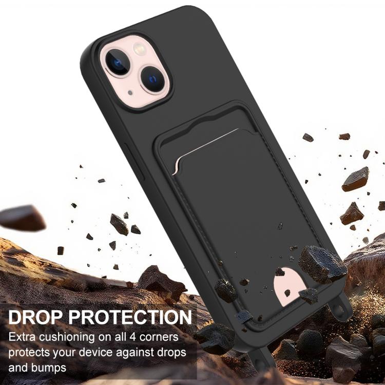For iPhone 15 Integrated Card Bag Solid Color Liquid Silicone Phone Case Gen2 with Short Lanyard