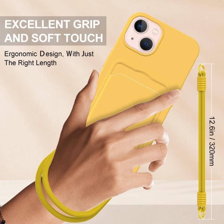 For iPhone 15 Integrated Card Bag Solid Color Liquid Silicone Phone Case Gen2 with Short Lanyard