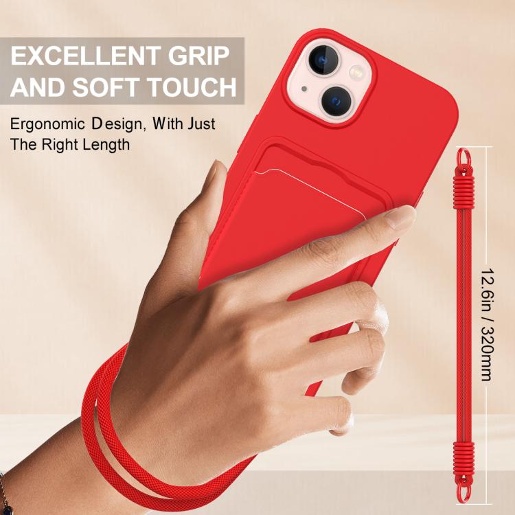 For iPhone 14 / 13 Integrated Card Bag Solid Color Liquid Silicone Phone Case Gen2 with Short Lanyard