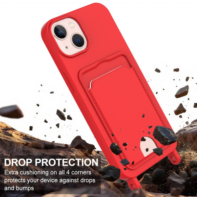 For iPhone 14 / 13 Integrated Card Bag Solid Color Liquid Silicone Phone Case Gen2 with Short Lanyard