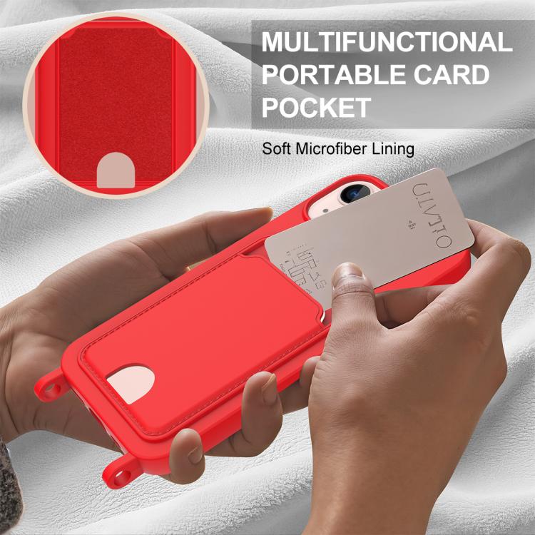 For iPhone 14 / 13 Integrated Card Bag Solid Color Liquid Silicone Phone Case Gen2 with Short Lanyard