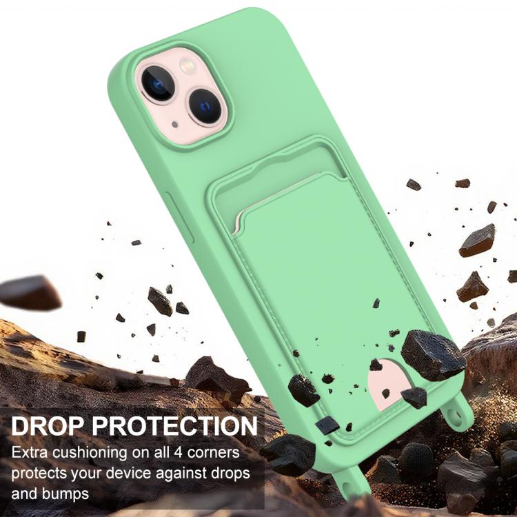 For iPhone 14 / 13 Integrated Card Bag Solid Color Liquid Silicone Phone Case Gen2 with Short Lanyard