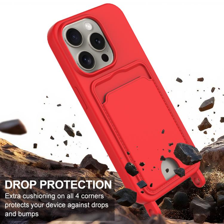 For iPhone 13 Pro Integrated Card Bag Solid Color Liquid Silicone Phone Case Gen2 with Short Lanyard