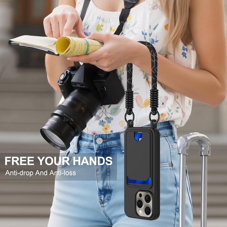 For iPhone 13 Pro Integrated Card Bag Solid Color Liquid Silicone Phone Case Gen2 with Short Lanyard