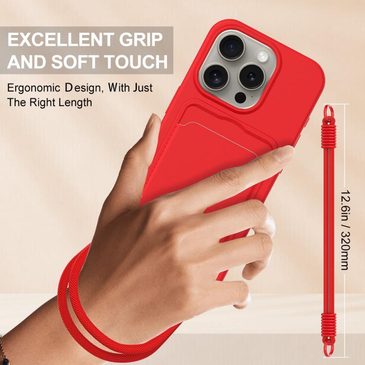 For iPhone 12 / 12 Pro Integrated Card Bag Solid Color Liquid Silicone Phone Case Gen2 with Short Lanyard