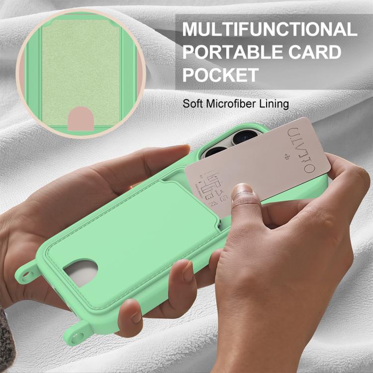 For iPhone 12 Pro Max Integrated Card Bag Solid Color Liquid Silicone Phone Case Gen2 with Short Lanyard