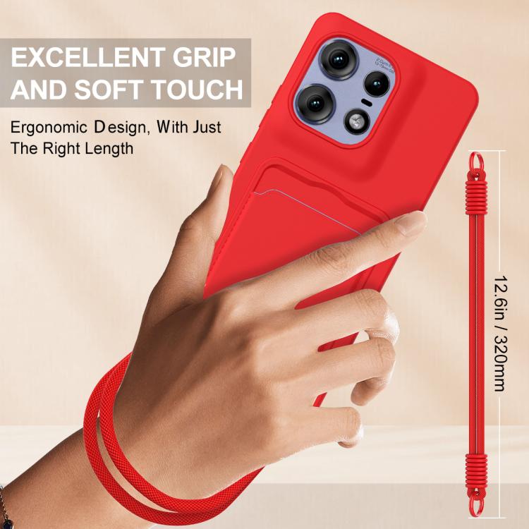 For Motorola Edge 50 Pro Integrated Card Bag Solid Color Liquid Silicone Phone Case Gen2 with Short Lanyard