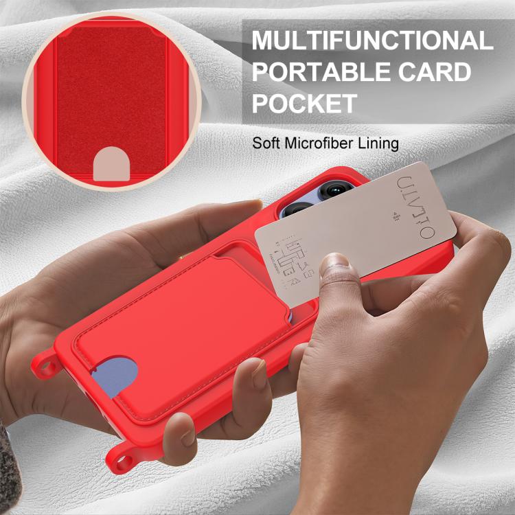 For Motorola Edge 50 Pro Integrated Card Bag Solid Color Liquid Silicone Phone Case Gen2 with Short Lanyard