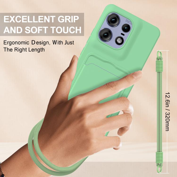For Motorola Edge 50 Pro Integrated Card Bag Solid Color Liquid Silicone Phone Case Gen2 with Short Lanyard