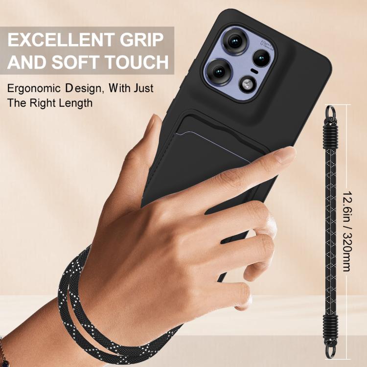 For Motorola Edge 50 Pro Integrated Card Bag Solid Color Liquid Silicone Phone Case Gen2 with Short Lanyard