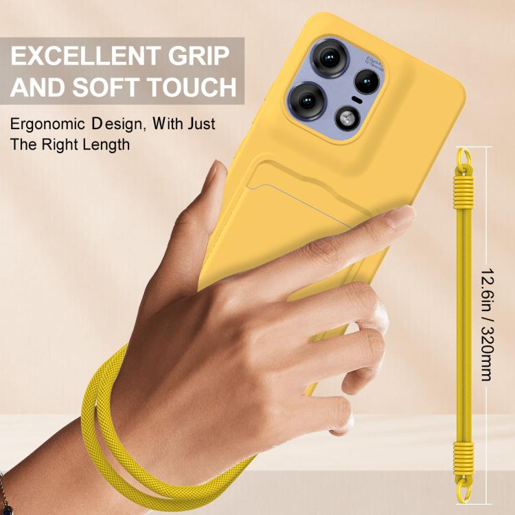 For Motorola Edge 50 Pro Integrated Card Bag Solid Color Liquid Silicone Phone Case Gen2 with Short Lanyard