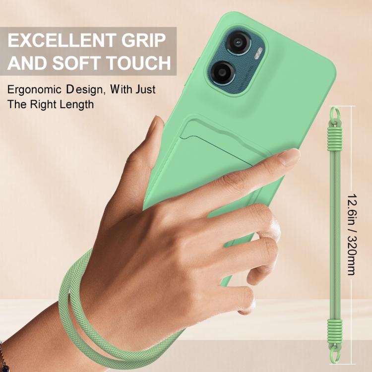 For Motorola Moto G05 / E15 4G Integrated Card Bag Solid Color Liquid Silicone Phone Case Gen2 with Short Lanyard