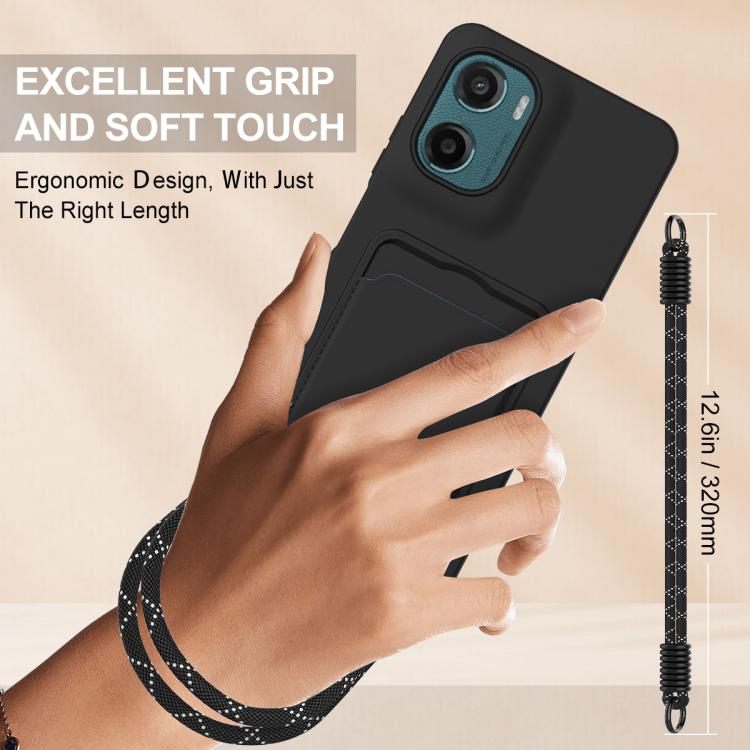 For Motorola Moto G05 / E15 4G Integrated Card Bag Solid Color Liquid Silicone Phone Case Gen2 with Short Lanyard