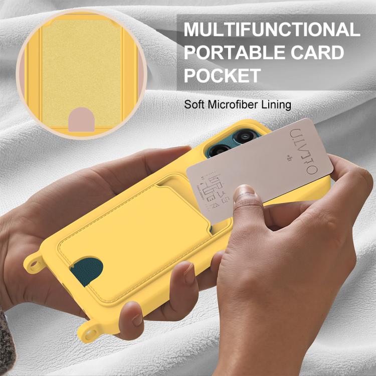 For Motorola Moto G05 / E15 4G Integrated Card Bag Solid Color Liquid Silicone Phone Case Gen2 with Short Lanyard
