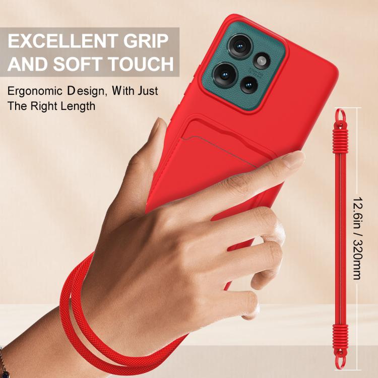 For Motorola Edge 50 Integrated Card Bag Solid Color Liquid Silicone Phone Case Gen2 with Short Lanyard