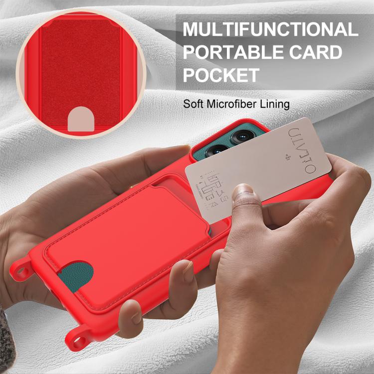 For Motorola Edge 50 Integrated Card Bag Solid Color Liquid Silicone Phone Case Gen2 with Short Lanyard