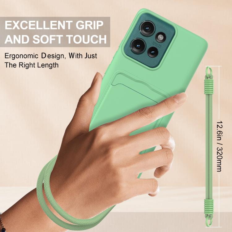 For Motorola Edge 50 Integrated Card Bag Solid Color Liquid Silicone Phone Case Gen2 with Short Lanyard