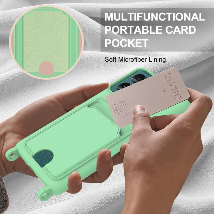 For Motorola Edge 50 Integrated Card Bag Solid Color Liquid Silicone Phone Case Gen2 with Short Lanyard