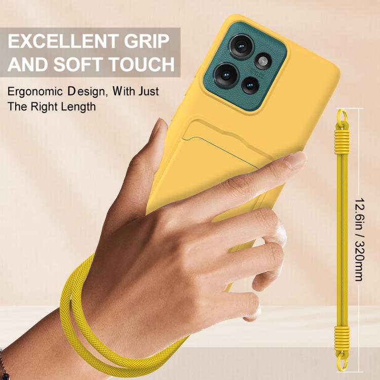 For Motorola Edge 50 Integrated Card Bag Solid Color Liquid Silicone Phone Case Gen2 with Short Lanyard