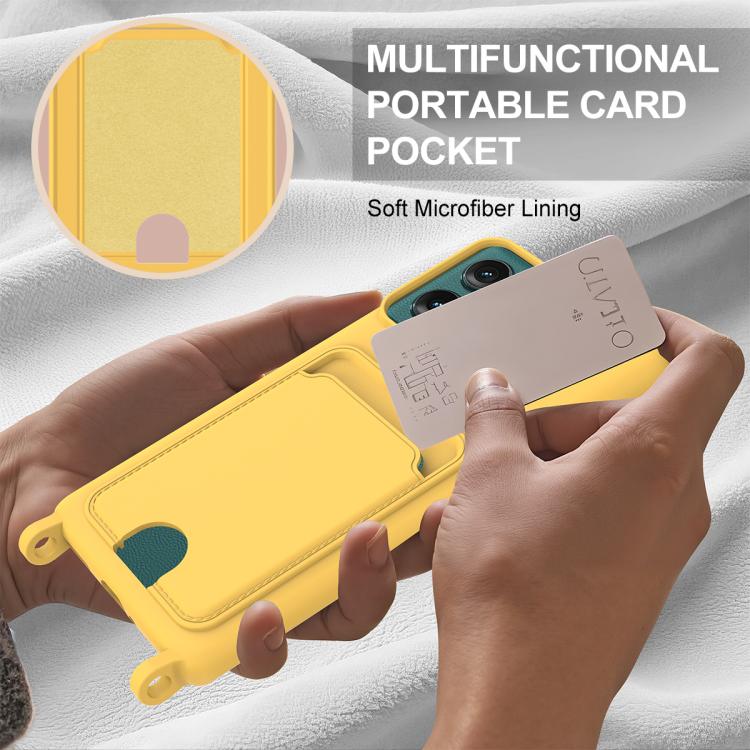 For Motorola Edge 50 Integrated Card Bag Solid Color Liquid Silicone Phone Case Gen2 with Short Lanyard