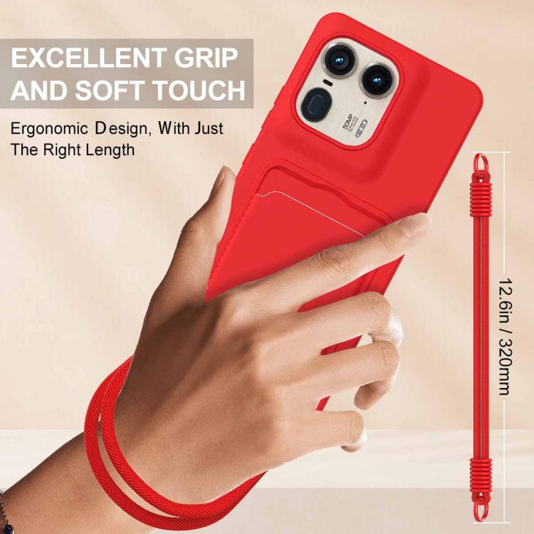 For Motorola Edge 50 Ultra Integrated Card Bag Solid Color Liquid Silicone Phone Case Gen2 with Short Lanyard