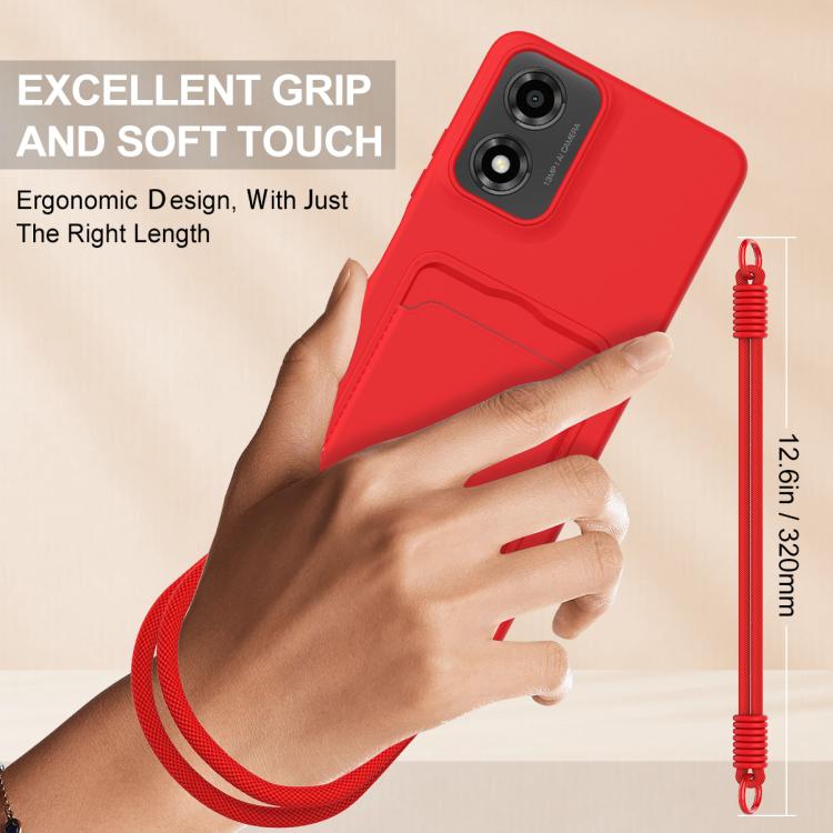For Motorola Moto G04 / G04s / E14 Integrated Card Bag Solid Color Liquid Silicone Phone Case Gen2 with Short Lanyard