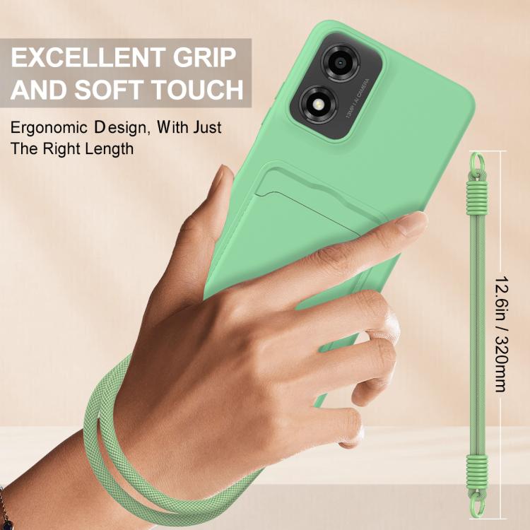 For Motorola Moto G04 / G04s / E14 Integrated Card Bag Solid Color Liquid Silicone Phone Case Gen2 with Short Lanyard