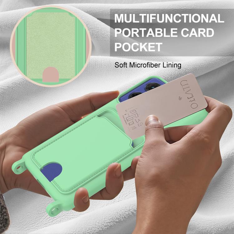 For Motorola Moto G96 / G85 / S50 Neo Integrated Card Bag Solid Color Liquid Silicone Phone Case Gen2 with Short Lanyard