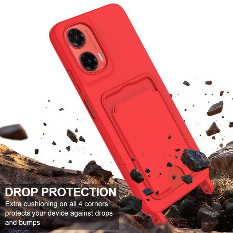 For Motorola Moto G35 5G Integrated Card Bag Solid Color Liquid Silicone Phone Case Gen2 with Short Lanyard
