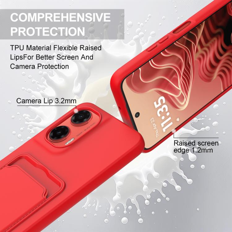 For Motorola Moto G35 5G Integrated Card Bag Solid Color Liquid Silicone Phone Case Gen2 with Short Lanyard