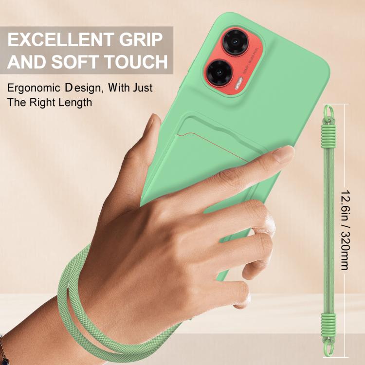 For Motorola Moto G35 5G Integrated Card Bag Solid Color Liquid Silicone Phone Case Gen2 with Short Lanyard