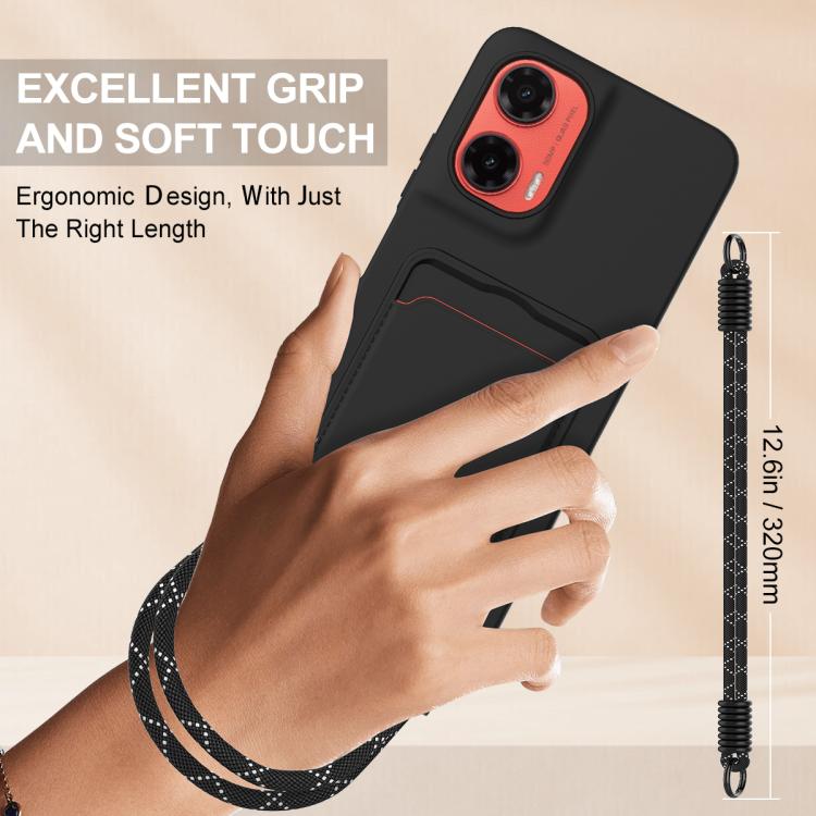 For Motorola Moto G35 5G Integrated Card Bag Solid Color Liquid Silicone Phone Case Gen2 with Short Lanyard