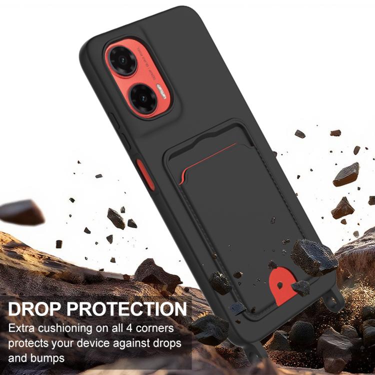 For Motorola Moto G35 5G Integrated Card Bag Solid Color Liquid Silicone Phone Case Gen2 with Short Lanyard