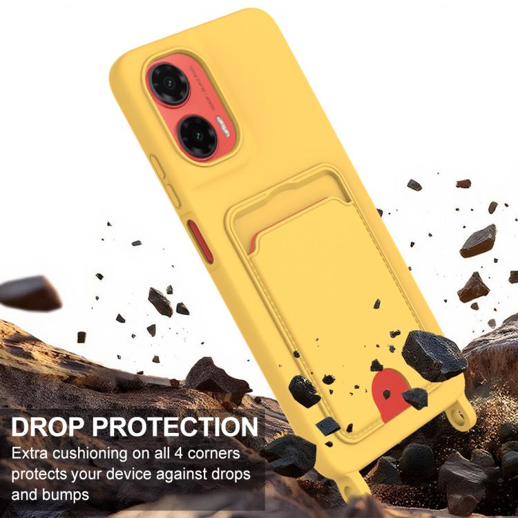 For Motorola Moto G35 5G Integrated Card Bag Solid Color Liquid Silicone Phone Case Gen2 with Short Lanyard