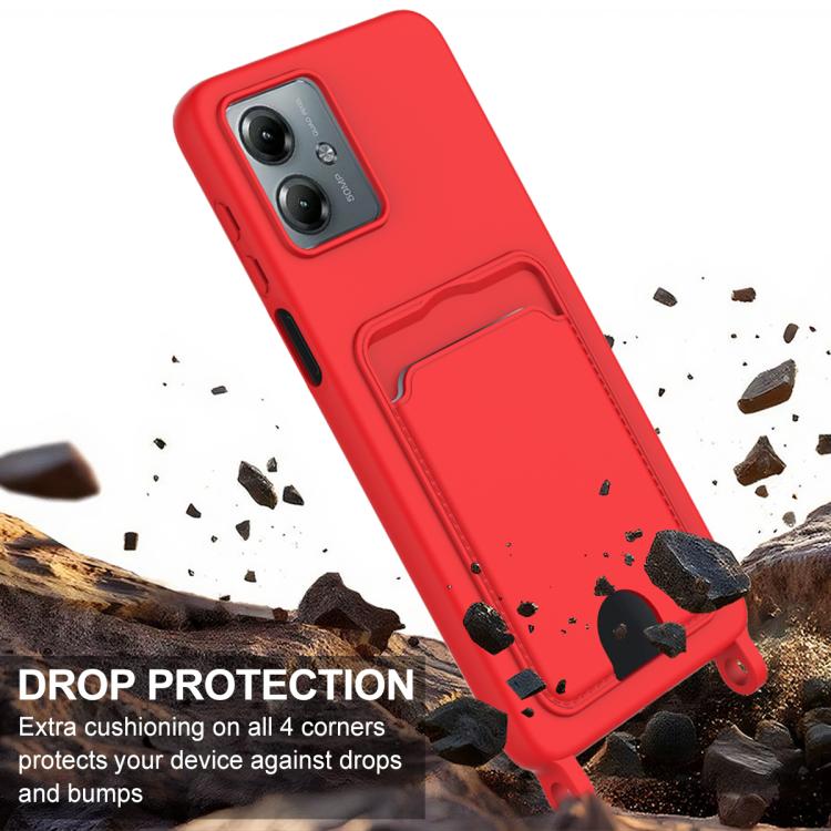 For Motorola Moto G14 4G Integrated Card Bag Solid Color Liquid Silicone Phone Case Gen2 with Short Lanyard