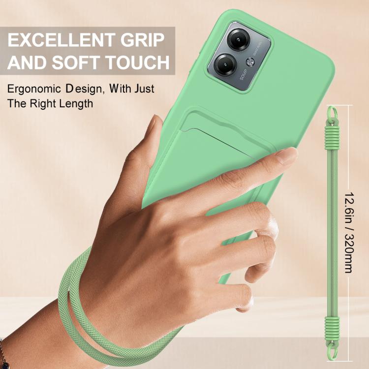 For Motorola Moto G14 4G Integrated Card Bag Solid Color Liquid Silicone Phone Case Gen2 with Short Lanyard