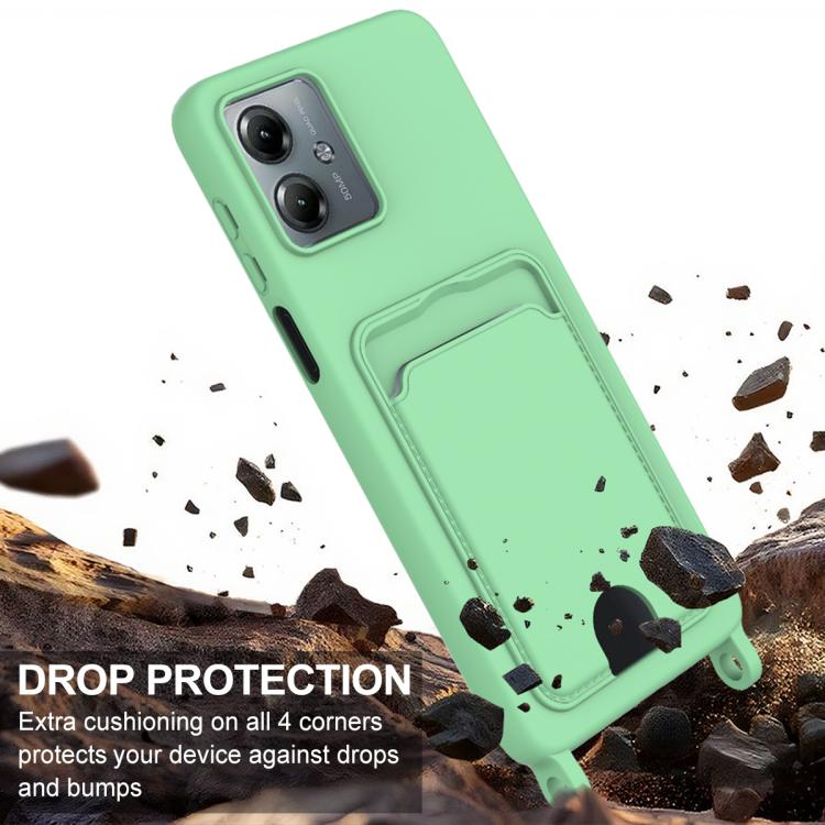 For Motorola Moto G14 4G Integrated Card Bag Solid Color Liquid Silicone Phone Case Gen2 with Short Lanyard
