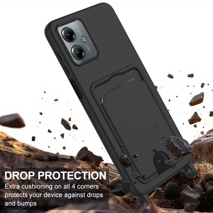 For Motorola Moto G14 4G Integrated Card Bag Solid Color Liquid Silicone Phone Case Gen2 with Short Lanyard