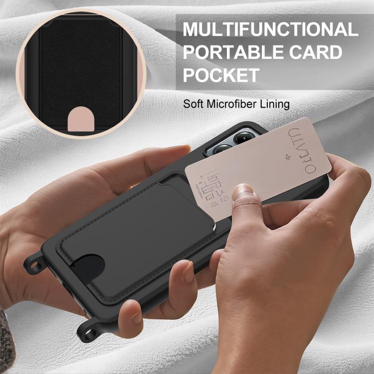 For Motorola Moto G14 4G Integrated Card Bag Solid Color Liquid Silicone Phone Case Gen2 with Short Lanyard