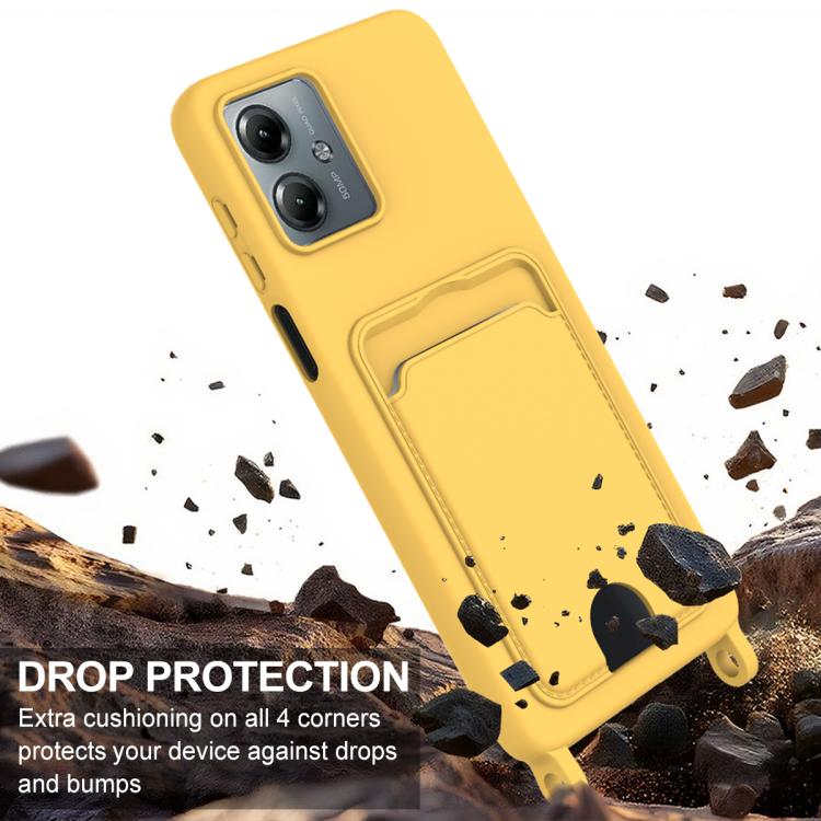 For Motorola Moto G14 4G Integrated Card Bag Solid Color Liquid Silicone Phone Case Gen2 with Short Lanyard