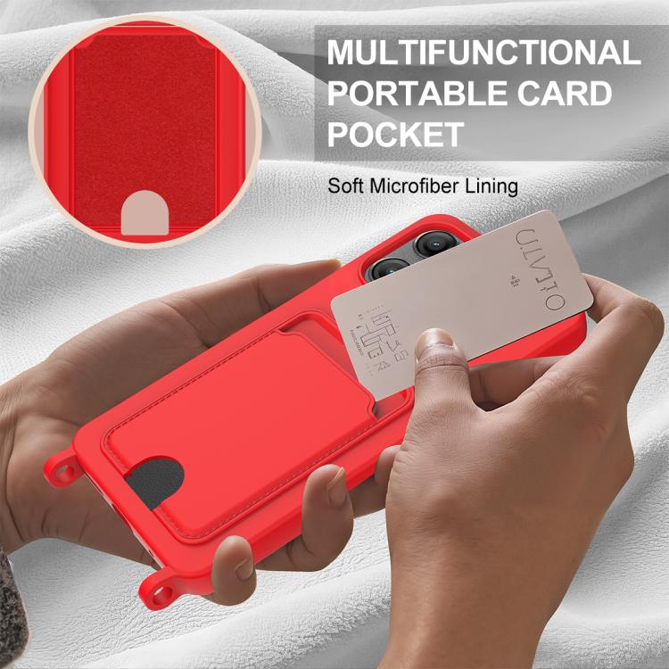 For Motorola Moto G67 Power / G57 Power Integrated Card Bag Solid Color Liquid Silicone Phone Case Gen2 with Short Lanyard
