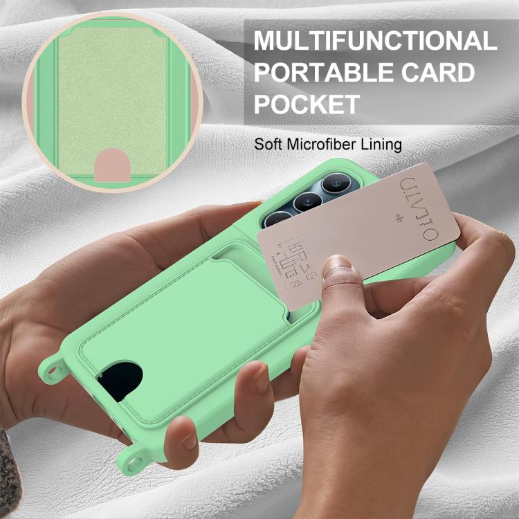 For Realme C65 4G Integrated Card Bag Solid Color Liquid Silicone Phone Case Gen2 with Short Lanyard