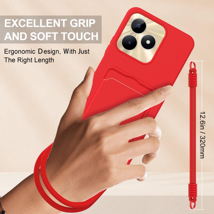 For Realme Narzo N53 / Note 50 4G Integrated Card Bag Solid Color Liquid Silicone Phone Case Gen2 with Short Lanyard