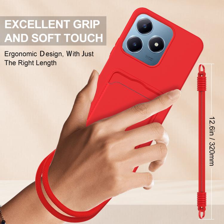 For Realme Note 60 / C63 4G / C61 4G Integrated Card Bag Solid Color Liquid Silicone Phone Case Gen2 with Short Lanyard