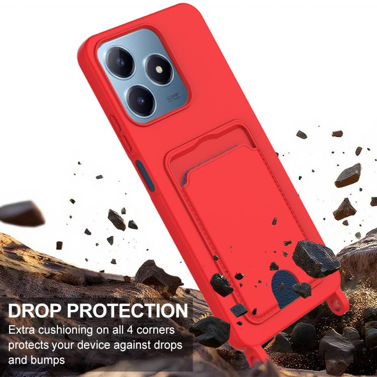 For Realme Note 60 / C63 4G / C61 4G Integrated Card Bag Solid Color Liquid Silicone Phone Case Gen2 with Short Lanyard