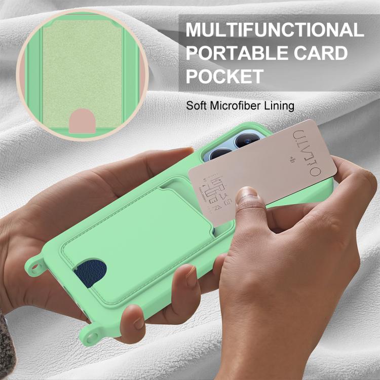 For Realme Note 60 / C63 4G / C61 4G Integrated Card Bag Solid Color Liquid Silicone Phone Case Gen2 with Short Lanyard