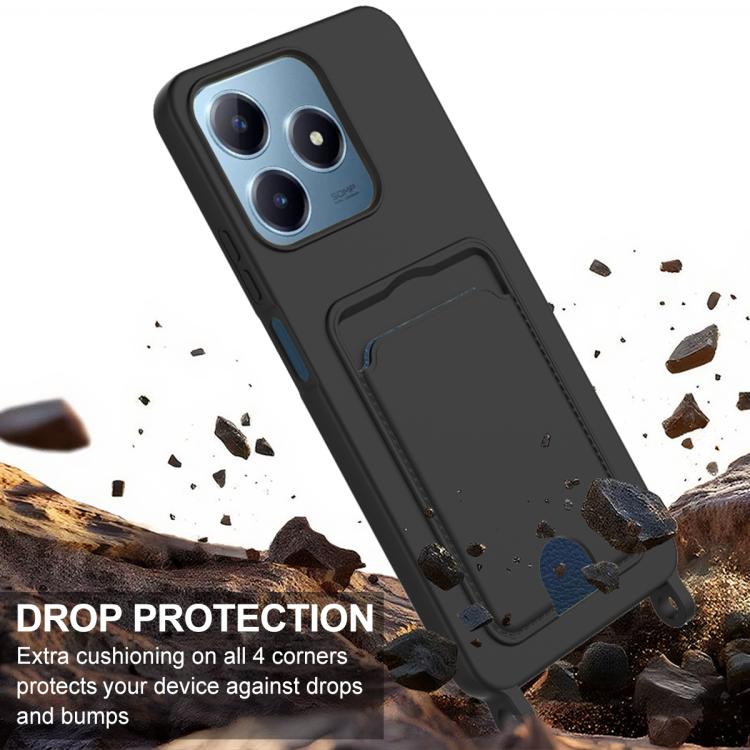 For Realme Note 60 / C63 4G / C61 4G Integrated Card Bag Solid Color Liquid Silicone Phone Case Gen2 with Short Lanyard