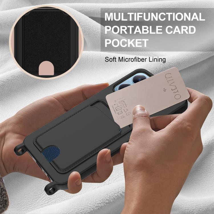For Realme Note 60 / C63 4G / C61 4G Integrated Card Bag Solid Color Liquid Silicone Phone Case Gen2 with Short Lanyard