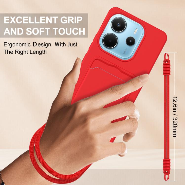 For Redmi Note 14 4G 163.25mm Integrated Card Bag Solid Color Liquid Silicone Phone Case Gen2 with Short Lanyard