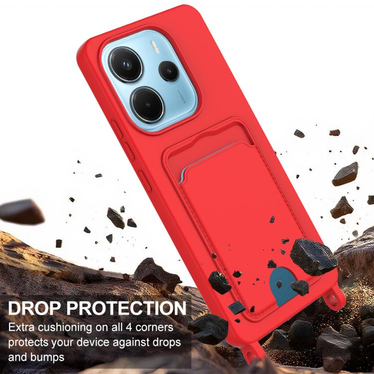 For Redmi Note 14 4G 163.25mm Integrated Card Bag Solid Color Liquid Silicone Phone Case Gen2 with Short Lanyard